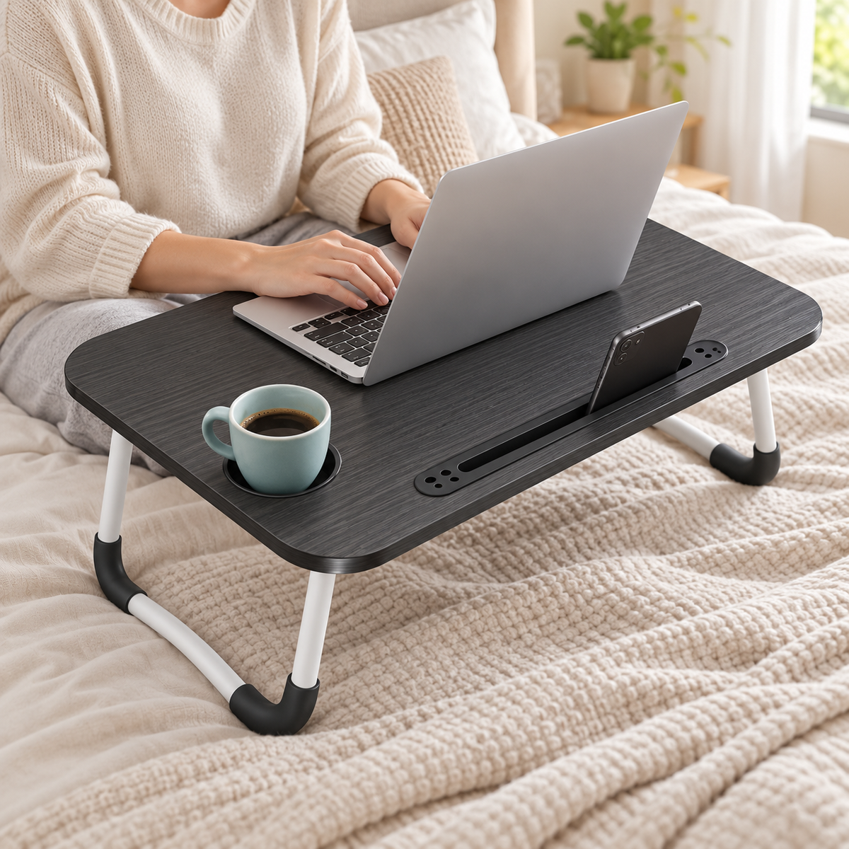 Folding Laptop Table — Cup & Tablet Slots