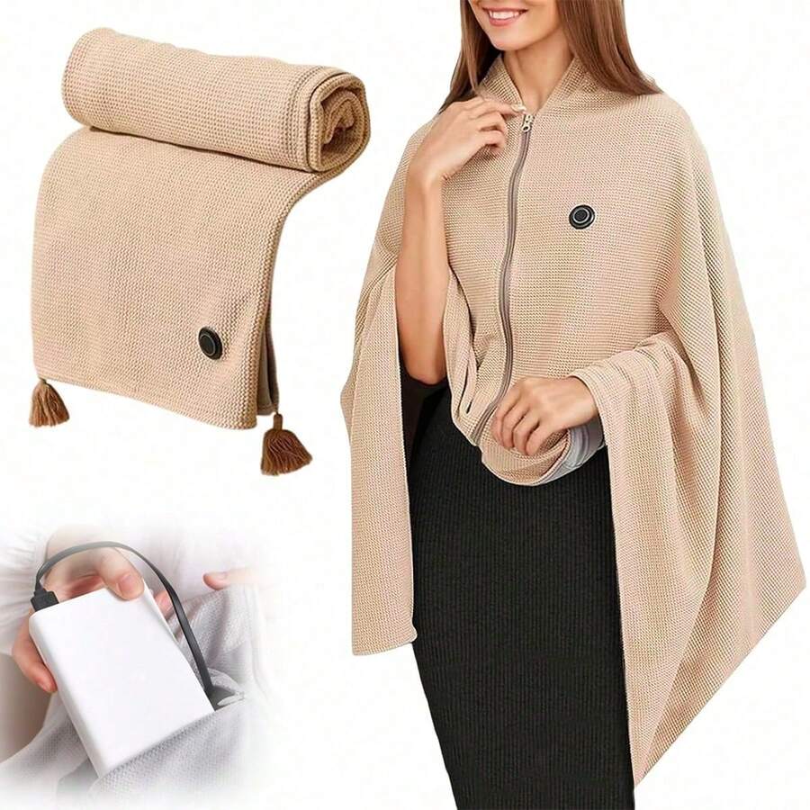 USB Heated Hooded Wrap — Apricot