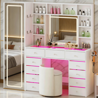 Illuminated Vanity with Mirror & 11 Drawers