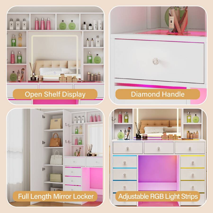 Illuminated Vanity with Mirror & 11 Drawers