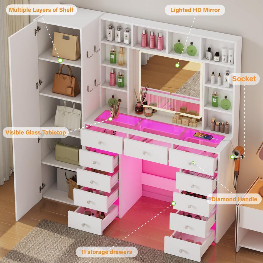 Illuminated Vanity with Mirror & 11 Drawers