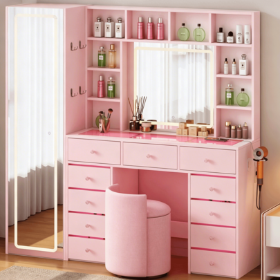 Illuminated Vanity with Mirror & 11 Drawers