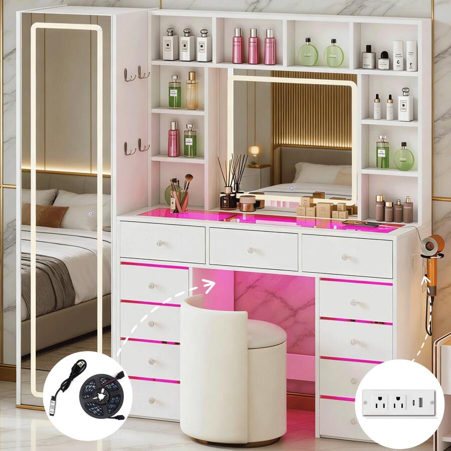 Illuminated Vanity with Mirror & 11 Drawers