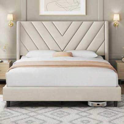 Queen Upholstered Bed Frame — Beige