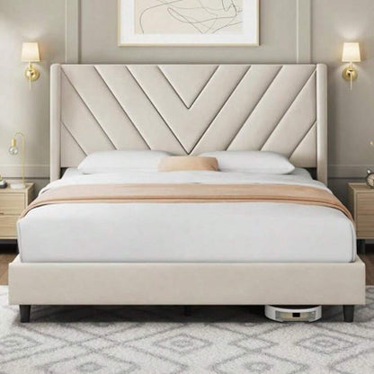 Queen Upholstered Bed Frame — Beige