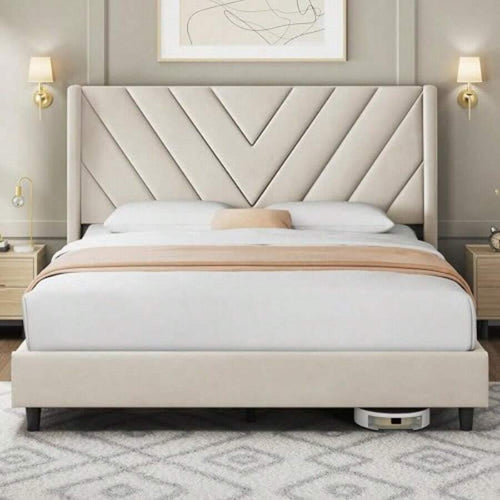 Queen Upholstered Bed Frame — Beige