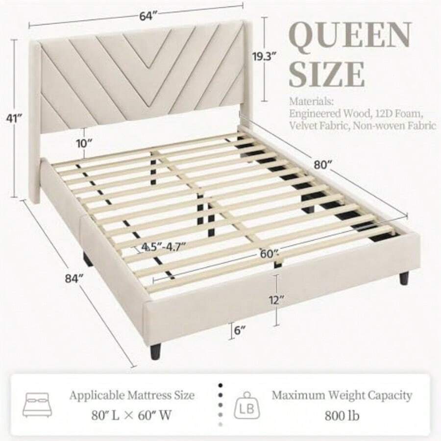 Queen Upholstered Bed Frame — Beige