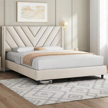 Queen Upholstered Bed Frame — Beige