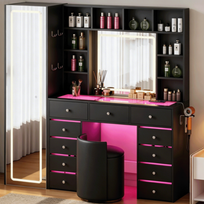 Illuminated Vanity with Mirror & 11 Drawers