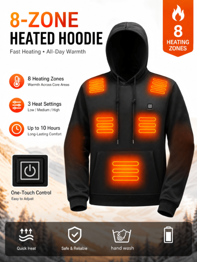 USB Heated Hoodie — 8 Heating Zones