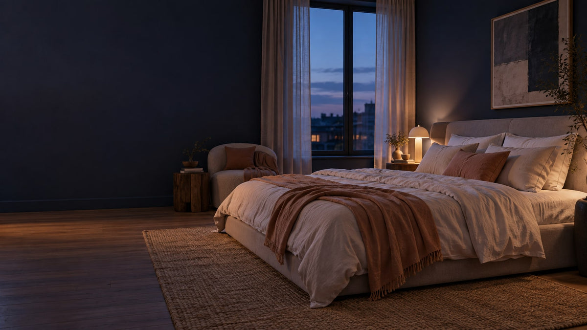 Editorial interior inspiration: an indigo bedroom at dusk with soft apricot linen; not a product or furniture bundle